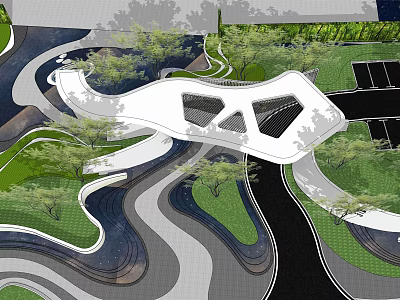 Modern Curved Scenic Wall Design In Open Landscape With Lush Greenery And Water Features 3d model
