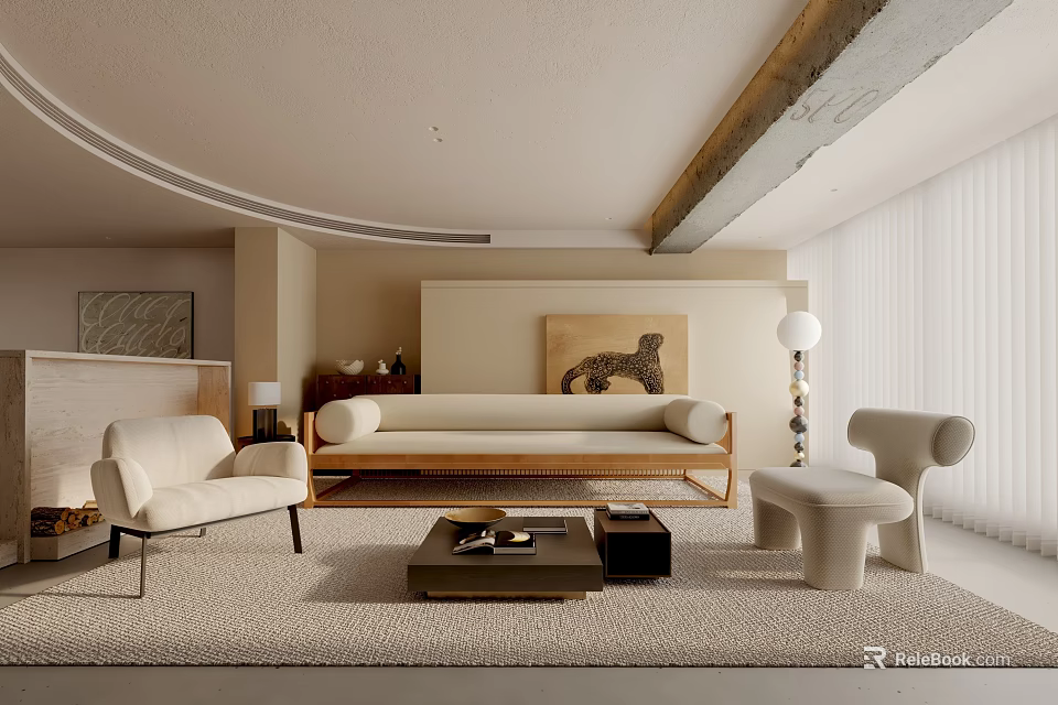 Modern Minimalist Living Room Interior With Beige Sofa Armchair Coffee Table And Area Rug 3d model 