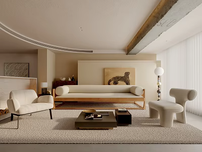 Modern Minimalist Living Room Interior With Beige Sofa Armchair Coffee Table And Area Rug 3d model