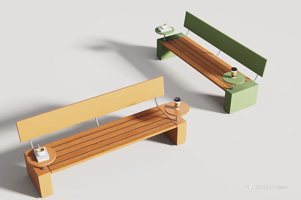 Modern Wooden Outdoor Bench Chairs With Mini Side Tables And Comfortable Backrest For Public Leisure 3d model 