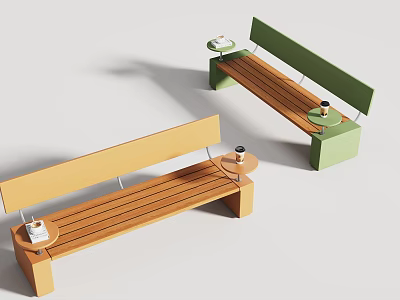 Modern Wooden Outdoor Bench Chairs With Mini Side Tables And Comfortable Backrest For Public Leisure 3d model