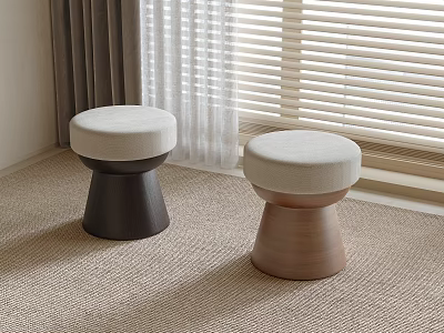 Modern Stools with Wooden Base and Beige Upholstered Seat in Black and Natural Color 3d model