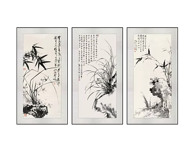 New Chinese Plant Painting Zen Ink Decoration Painting Elegant Bamboo Orchid 3d model