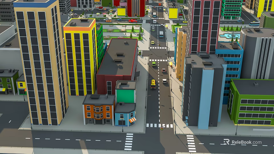Colorful Urban Buildings With Modern High Rise And Low Rise Structures On City Street 3d model 