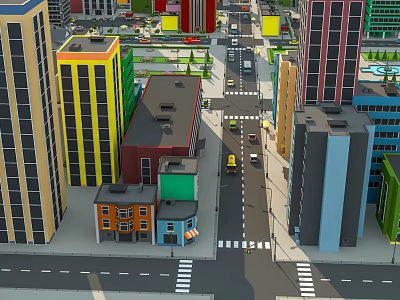 Colorful Urban Buildings With Modern High Rise And Low Rise Structures On City Street 3d model