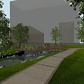 Tranquil Garden Landscape With Wooden Bridge Small Stream Green Grass And Trees Near Background Buildings