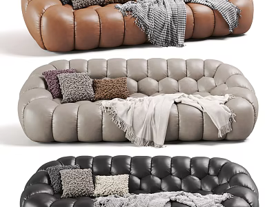 Two Seater Sofa in Brown Gray Black with Tufted Design and Pillows Blankets 3d model
