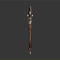 Decorative Battle Axe With Skull Shaped Head Intricate Carved Details And Wooden Handle