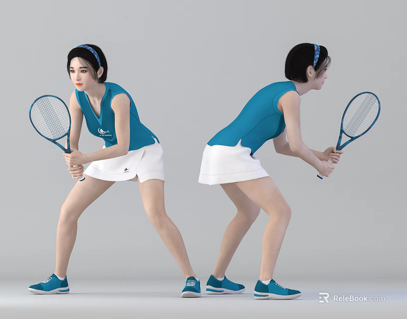 Woman In Blue Tank Top And White Skirt Holding Tennis Racket In Action Pose 3d model 