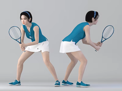 Woman In Blue Tank Top And White Skirt Holding Tennis Racket In Action Pose 3d model