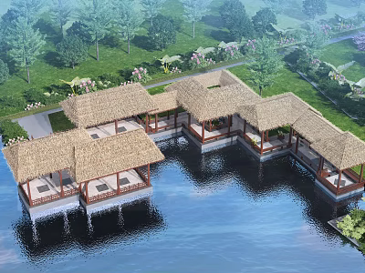 Garden Landscape Design Featuring Thatched Pavilions Over Water And Surrounding Trees 3d model