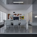 Modern Living And Dining Room Interior With Large Windows Bookshelves TV And Dining Table