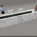 Front Desk Reception With Marble Desk Computer Monitors And Red Decorative Sculpture 3d model