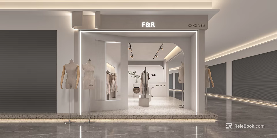 F&R Fashion Clothing Shop Interior With Modern Lighting Mannequins And Clothing Displays 3d model 
