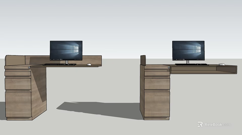 Modern Wooden Office Desk With Computer Monitor Keyboard Mouse And Drawers 3d model 