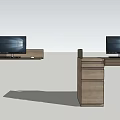 Modern Wooden Office Desk With Computer Monitor Keyboard Mouse And Drawers