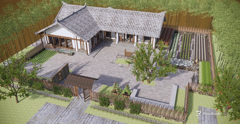 Traditional Chinese Courtyard With Gray Tile Roof Stone Patio And Wooden Fence 3d model 