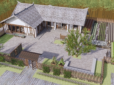 Chinese Style Folk House Beautiful Country Garden Farming Culture Base Homestay Nongjiale Farm Tools Sitches Vegetable Land Garden Courtyard Wall model