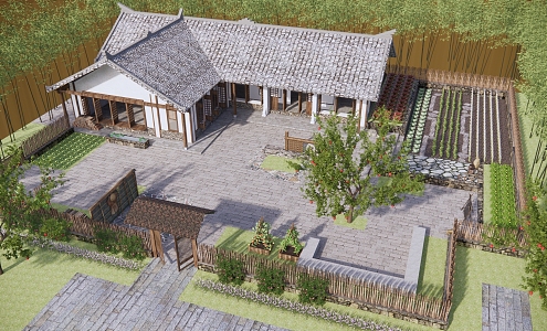 Chinese Style Folk House Beautiful Country Garden Farming Culture Base Homestay Nongjiale Farm Tools Sitches Vegetable Land Garden Courtyard Wall 3d model