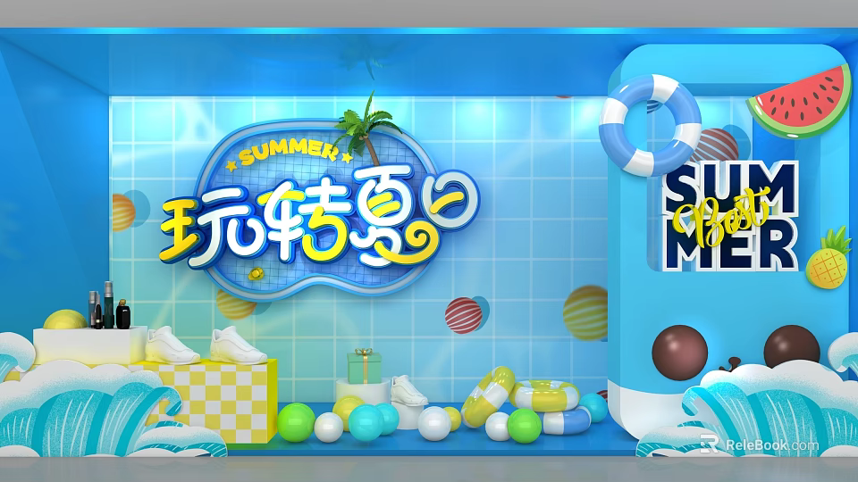 Summer Themed Scene With Blue Background Lifebuoy Colorful Balloons And Wave Decorations 3d model 