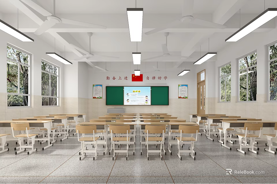 Spacious School Classroom With Wooden Desks Green Blackboard Projector Screen And Ceiling Fans 3d model 