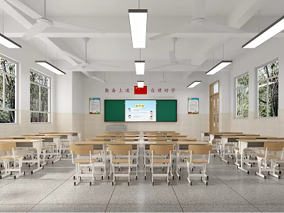 Spacious School Classroom With Wooden Desks Green Blackboard Projector Screen And Ceiling Fans 3d model
