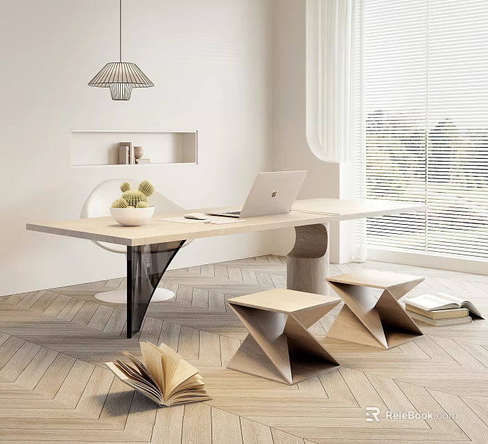 Modern Desk With Laptop White Pot Chair Geometric Stools Open Books Wall Shelf And Window Blinds 3d model 