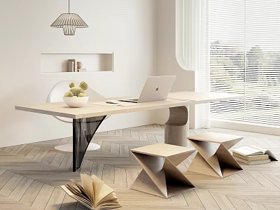 Modern Desk With Laptop White Pot Chair Geometric Stools Open Books Wall Shelf And Window Blinds 3d model