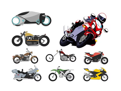Variety of Motorcycle Types Displayed in Illustration 3d model