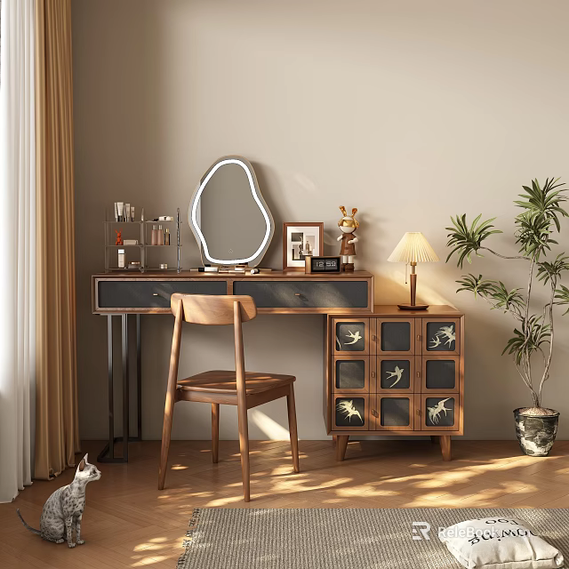 Elegant Wooden Dressing Table With Oval Mirror Wooden Chair Table Lamp And Potted Plant 3d model 