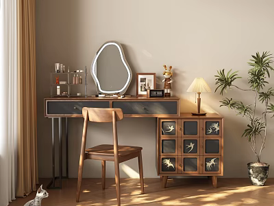 Elegant Wooden Dressing Table With Oval Mirror Wooden Chair Table Lamp And Potted Plant 3d model