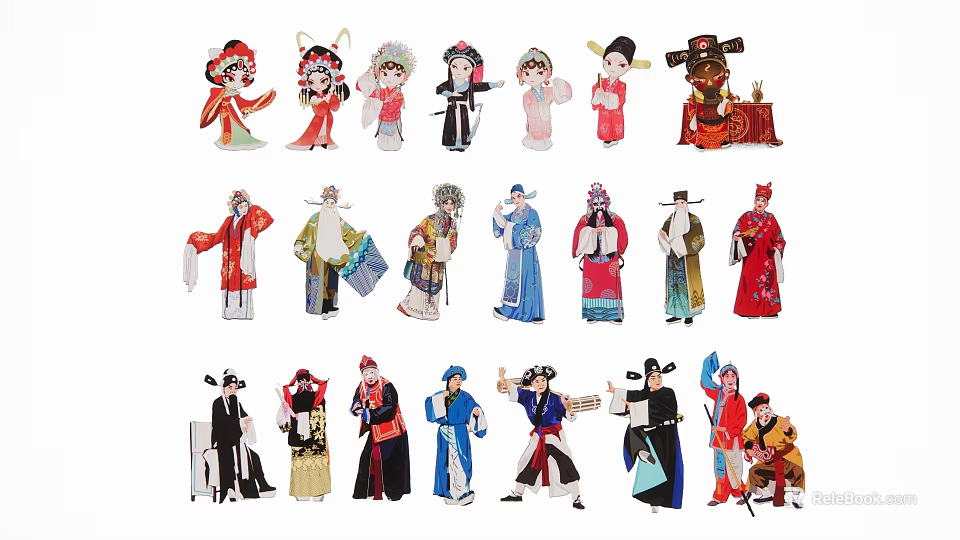 Multiple Chinese Traditional Opera Character Figurines In Colorful Traditional Costumes 3d model 