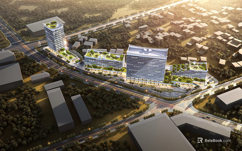 Aerial View Planning of Modern Urban District with High Rise Buildings and Green Areas 3d model 