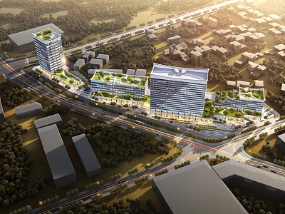 Aerial View Planning of Modern Urban District with High Rise Buildings and Green Areas 3d model