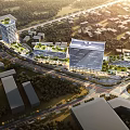 Aerial View Planning of Modern Urban District with High Rise Buildings and Green Areas
