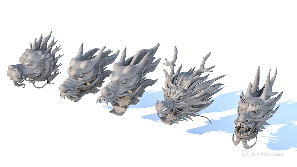 Multiple Dragon Head Carved Sculpture Decorative Ornament Set For Home Decor 3d model 
