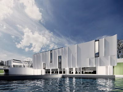 Modern White Sales Office Building With Glass Windows And Water Reflection Under Blue Sky 3d model