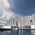 Modern White Sales Office Building With Glass Windows And Water Reflection Under Blue Sky