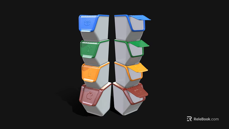 Colorful Stacked Recycling Trash Bins With Multiple Colors And Secure Lids 3d model 