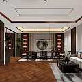 Modern Office Interior With Wooden Floor Desk Chair Green Plant And Decorative Paintings