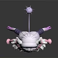 Anime Game Character With White Horns Purple Hair And Pink White Ruffle Dress
