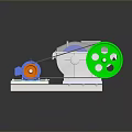 Mechanical Device With Blue Motor Red Wheel Green Pulley And Metal Frame