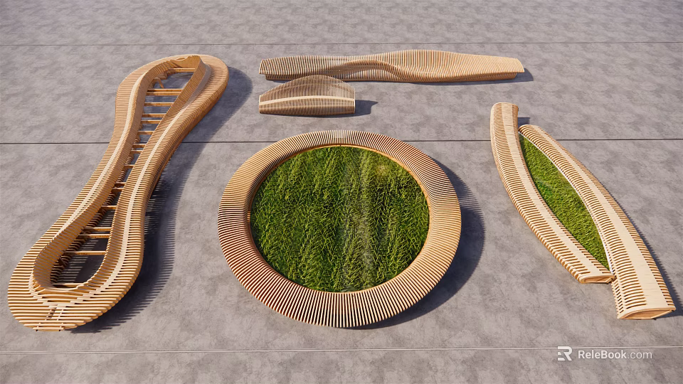 Modern Wooden Outdoor Chair with Curved Shape and Circular Green Grass Area 3d model 