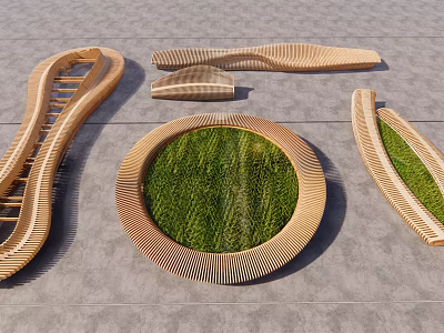 Modern Wooden Outdoor Chair with Curved Shape and Circular Green Grass Area 3d model