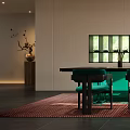 Modern Tea Room Interior With Green Chairs And Wooden Table Tea Display Shelves