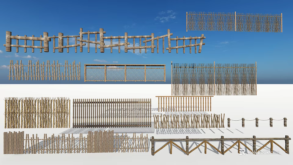 Various Wooden Garden Fences With Different Styles And Natural Designs For Outdoor Use 3d model 