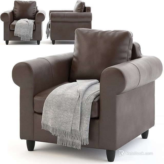 Stylish Brown Leather Single Sofa with Rolled Arm Design and Throw Blanket 3d model