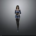 Woman In Blue Dress Black Lace Stockings Blue Shoes Holding Brown Box On Gray Background
