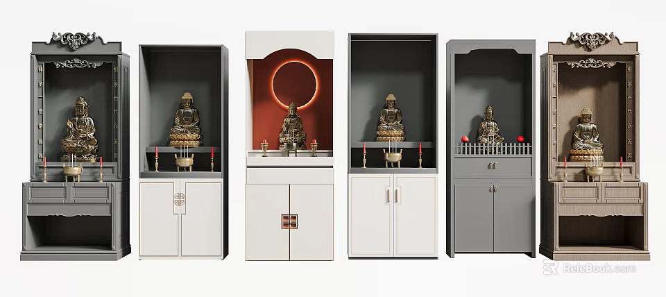 Buddhist Altar Cabinet With Buddha Statue Various Designs And Decorative Cabinet Doors 3d model 