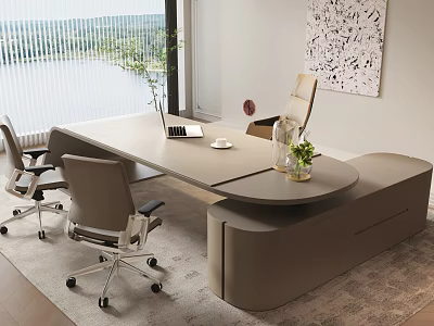 Elegant Modern Office Desk With Ergonomic Chairs Laptop Potted Plants And Scenic View 3d model